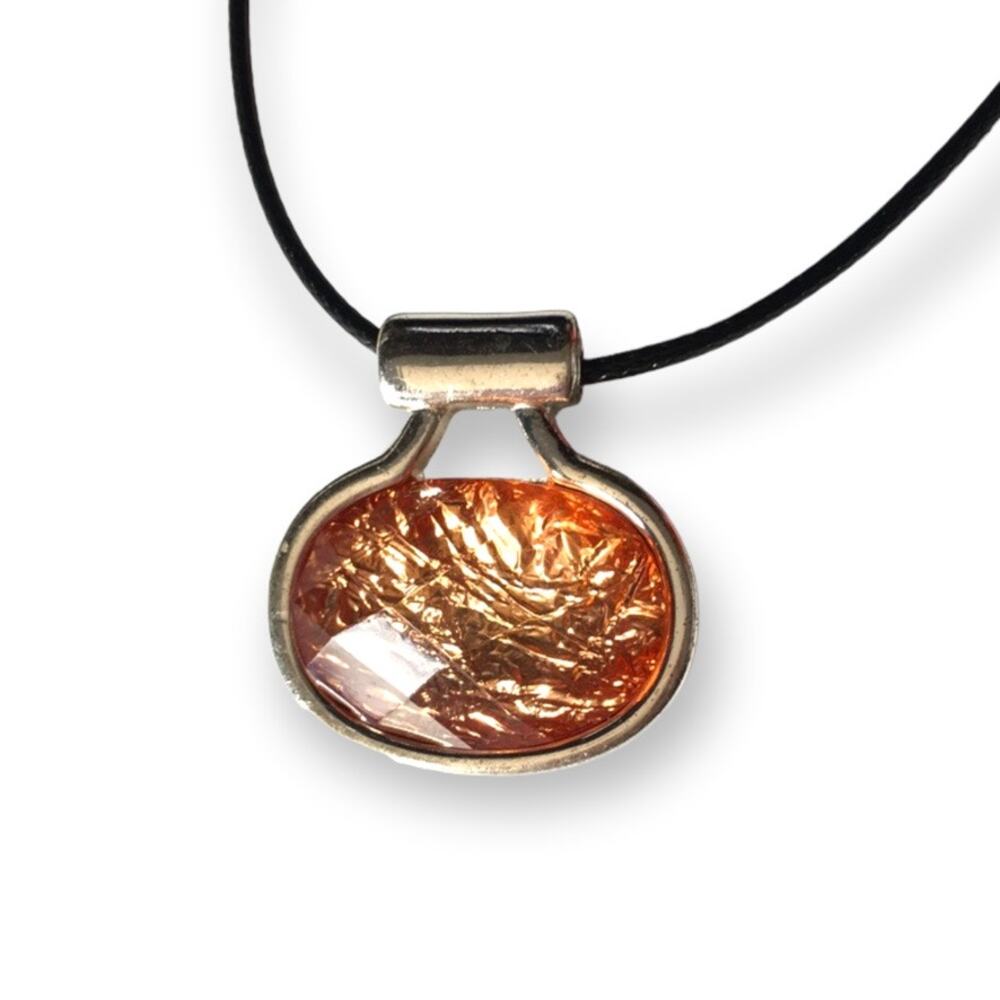 Dazzling orange crinkle glass-pattern pendant necklace, waxed black cotton cord